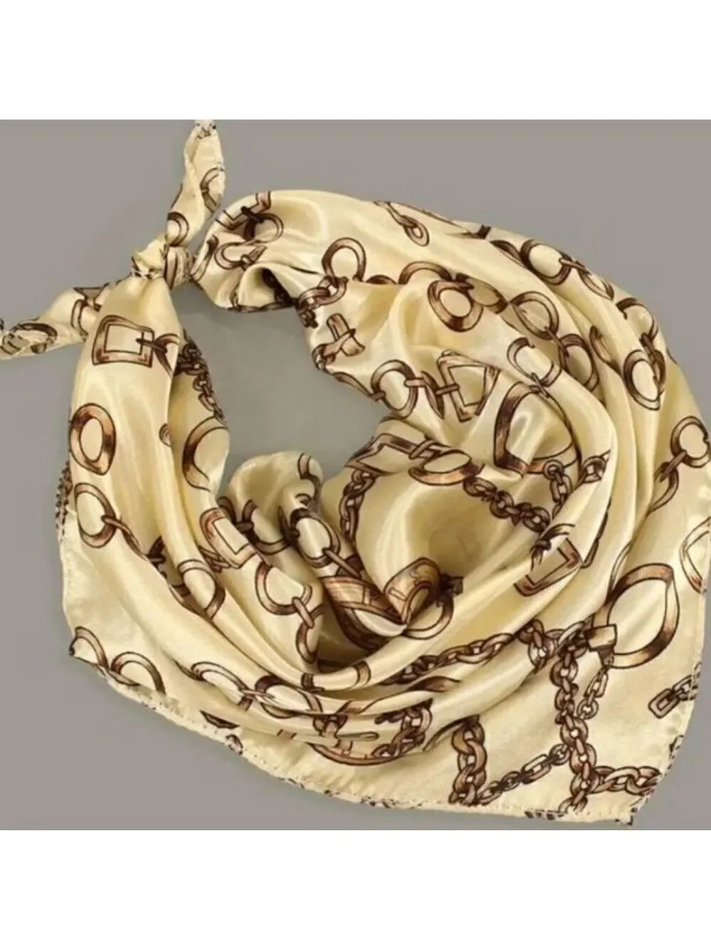 Vintage Style Chain Print Square Scarf Beige and Brown Elegant Satin Neckerchief